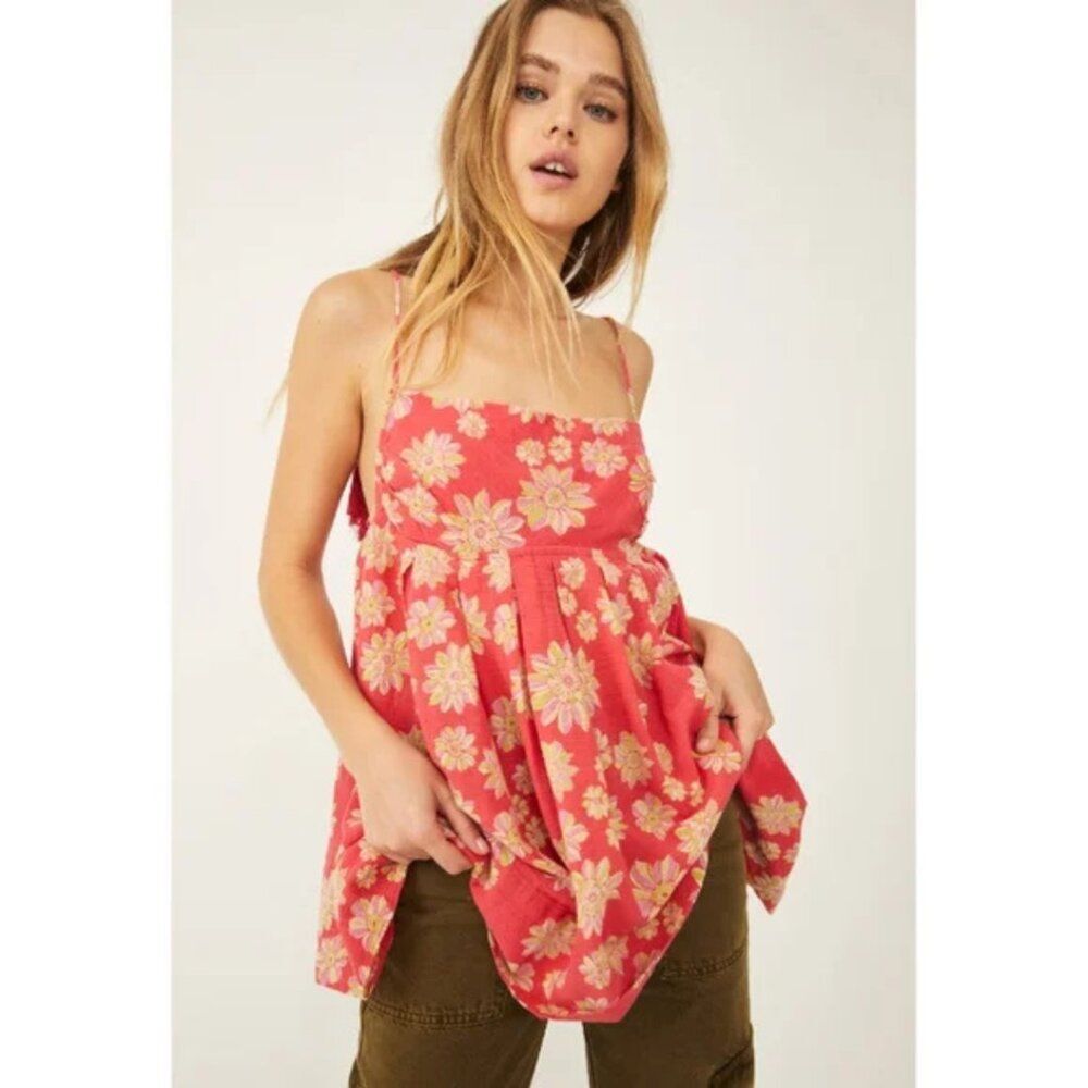 Free People Indigo Molly Tunic in Hollyhock Combo Red Floral NWT Size Medium
